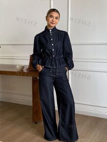DAZY Women's Stand Collar Waist-Cinching Top And Loose Long Pants Casual Denim Set Fall - Dark Wash - View 2
