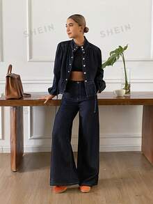 DAZY Women's Stand Collar Waist-Cinching Top And Loose Long Pants Casual Denim Set Fall - Dark Wash - View 4
