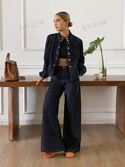 DAZY Conjunto casual de denim para mujer con top de cuello alto y cintura ceñida y pantalones largos holgados para otoño