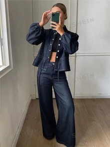DAZY Women's Stand Collar Waist-Cinching Top And Loose Long Pants Casual Denim Set Fall - Dark Wash - View 3