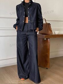DAZY Women's Stand Collar Waist-Cinching Top And Loose Long Pants Casual Denim Set Fall - Dark Wash - View 5