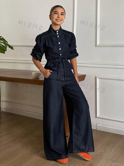 DAZY Women's Stand Collar Waist-Cinching Top And Loose Long Pants Casual Denim Set Fall
