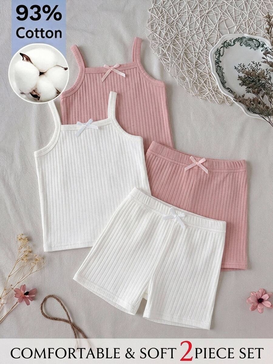 SHEIN Young Girl Bow Ribbed Camisole Set, Summer Thin Skin-Friendly Underwear Set, 4-Piece - Multicolor - View 1