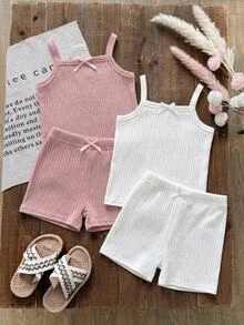 SHEIN Young Girl Bow Ribbed Camisole Set, Summer Thin Skin-Friendly Underwear Set, 4-Piece - Multicolor - View 3
