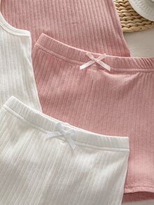 SHEIN Young Girl Bow Ribbed Camisole Set, Summer Thin Skin-Friendly Underwear Set, 4-Piece - Multicolor - View 6