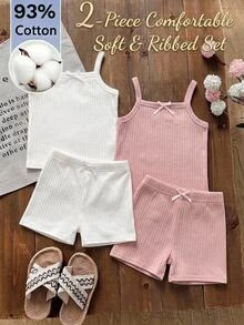 SHEIN Young Girl Bow Ribbed Camisole Set, Summer Thin Skin-Friendly Underwear Set, 4-Piece - Multicolor - View 2