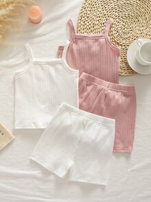 SHEIN Young Girl Bow Ribbed Camisole Set, Summer Thin Skin-Friendly Underwear Set, 4-Piece - Multicolor - View 4