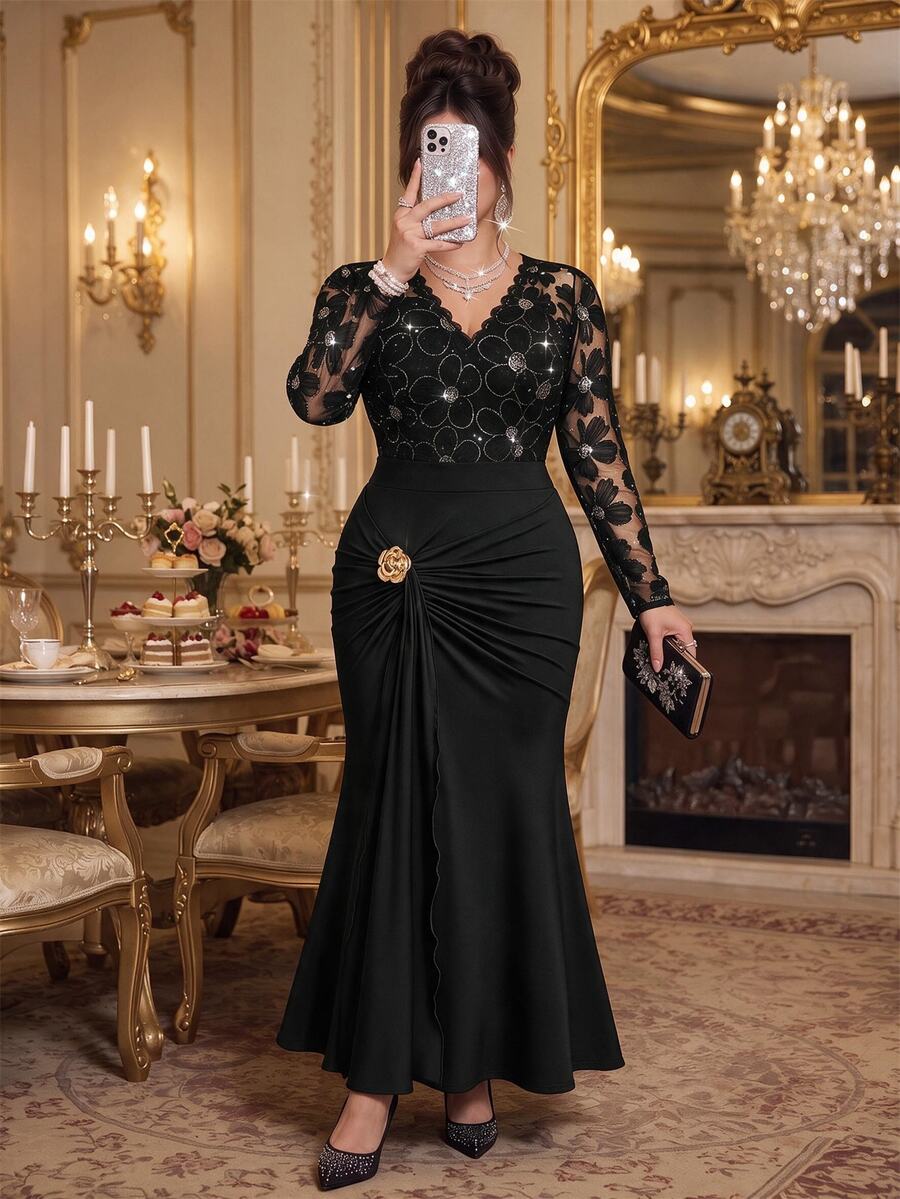 Sweetra Plus Size Black And Gold Knitted Ruched Skirt With Ribbon, Camellia Decor, Hip-Covering Mermaid Skirt, Autumn Wedding Night Evening Formal Elegant - Black - View 1
