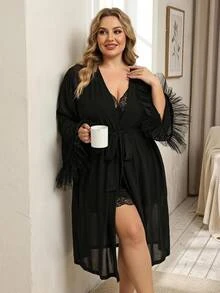 SHEIN CURVE+ Plus Size Mesh Patchwork Robe, Lace Patchwork Camisole And Shorts 3 Pieces Set Fall - Multicolor - View 4