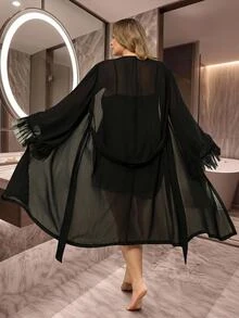 SHEIN CURVE+ Plus Size Mesh Patchwork Robe, Lace Patchwork Camisole And Shorts 3 Pieces Set Fall - Multicolor - View 2