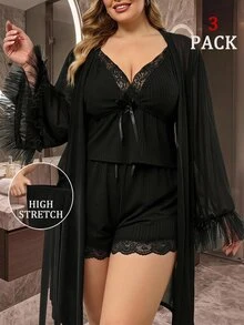 SHEIN CURVE+ Plus Size Mesh Patchwork Robe, Lace Patchwork Camisole And Shorts 3 Pieces Set Fall - Multicolor - View 1