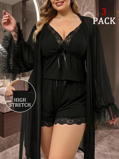 SHEIN CURVE+ Plus Size Mesh Patchwork Robe, Lace Patchwork Camisole And Shorts 3 Pieces Set Fall