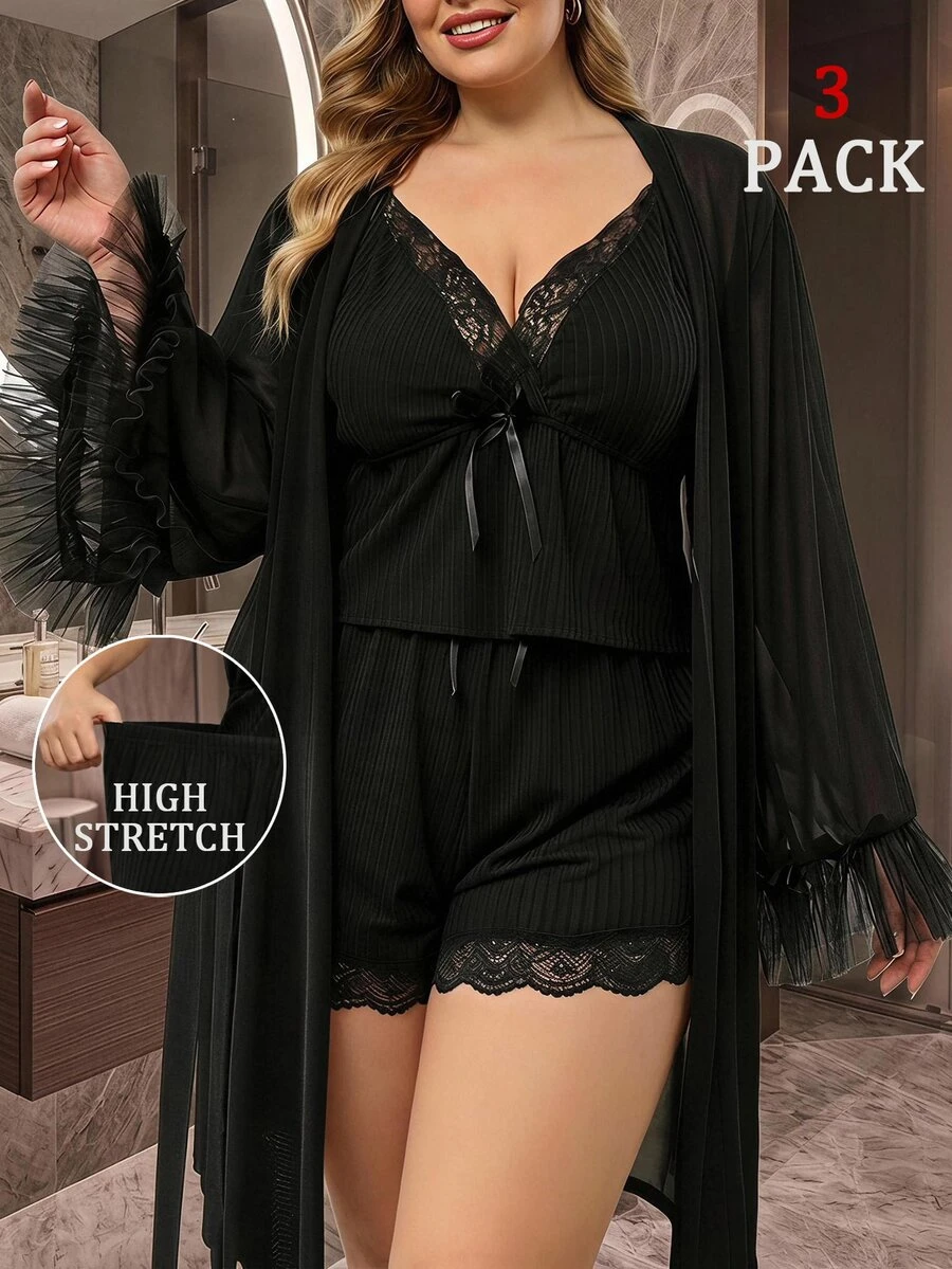 SHEIN CURVE+ Plus Size Mesh Patchwork Robe, Lace Patchwork Camisole And Shorts 3 Pieces Set Fall - Multicolor - View 1