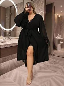 SHEIN CURVE+ Plus Size Mesh Patchwork Robe, Lace Patchwork Camisole And Shorts 3 Pieces Set Fall - Multicolor - View 6
