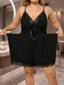 SHEIN CURVE+ Plus Size Mesh Patchwork Robe, Lace Patchwork Camisole And Shorts 3 Pieces Set Fall - Multicolor - View 8