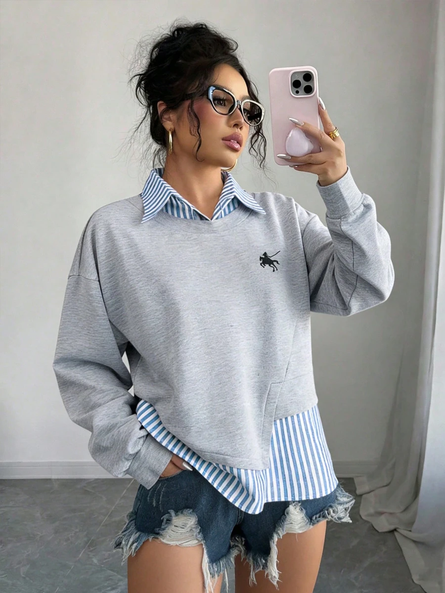 EMERY ROSE Plus Size Casual Linen Striped Patchwork Collared Pullover Sweatshirt, Fashionable & Versatile, Suitable For Autumn Daily Wear & Holidays Fall - Multicolor - View 1
