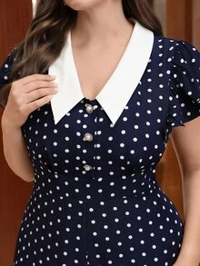 Velvienne Summer French Retro Ruffled Cap Sleeve Navy Polka Dot Waist Flared Midi Dress, Plus Size - Blue - View 4