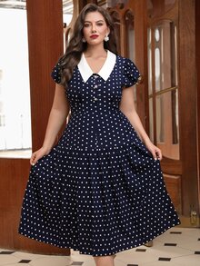 Velvienne Summer French Retro Ruffled Cap Sleeve Navy Polka Dot Waist Flared Midi Dress, Plus Size - Blue - View 6
