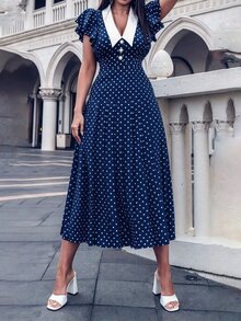 Velvienne Summer French Retro Ruffled Cap Sleeve Navy Polka Dot Waist Flared Midi Dress, Plus Size - Blue - View 5