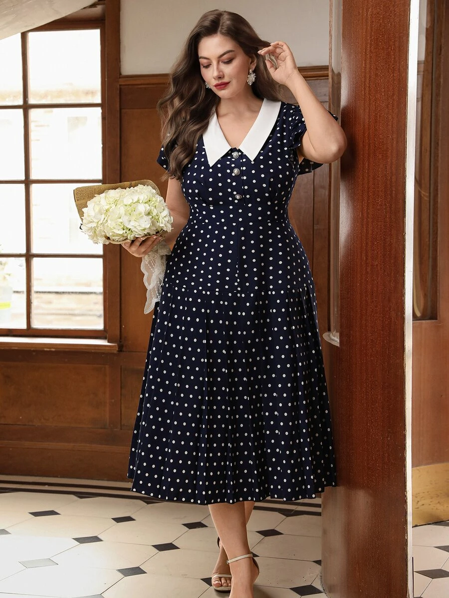 Velvienne Summer French Retro Ruffled Cap Sleeve Navy Polka Dot Waist Flared Midi Dress, Plus Size - Blue - View 1