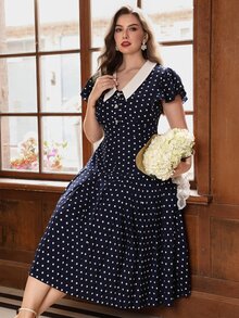 Velvienne Summer French Retro Ruffled Cap Sleeve Navy Polka Dot Waist Flared Midi Dress, Plus Size - Blue - View 7