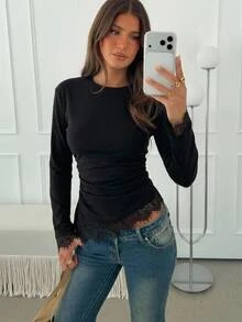 Aloruh Women's Elegant Sexy Round Neck Lace Patchwork Black Commute Versatile Long Sleeve T-Shirt Top Halloween, Going Out Night Out, Fall Clothes - Black - View 2