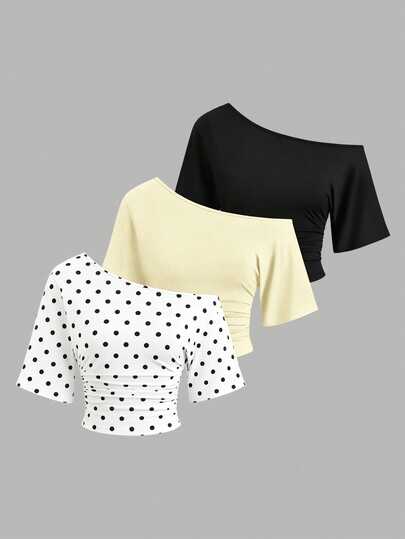 Sweetra Women's 3-Piece Set Off-Shoulder Fitted T-Shirt,White With Black Polka Dots,Summer,Casual,Everyday Versatile Solid Color Top For Commute,Date
