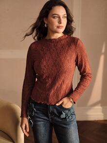 MOTF PREMIUM PLUS SIZE SOLID JACQUARD LETTUCE TRIM LONG SLEEVE T-SHIRT FALL - Coffee Brown - View 3