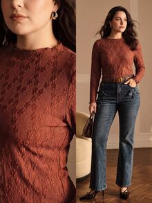 MOTF PREMIUM PLUS SIZE SOLID JACQUARD LETTUCE TRIM LONG SLEEVE T-SHIRT FALL - Coffee Brown - View 8