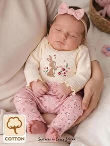 SHEIN Kids Kids Kids 2pcs Newborn Cartoon Pattern Kids Embroidered Pajamas Ditsy Floral Pants Home Wear Set - Pink - View 1