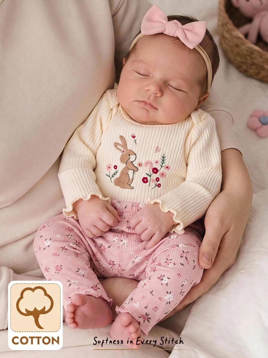 SHEIN Kids Kids Kids 2pcs Newborn Cartoon Pattern Kids Embroidered Pajamas Ditsy Floral Pants Home Wear Set - Pink - View 1