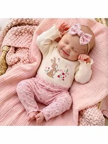 SHEIN Kids Kids Kids 2pcs Newborn Cartoon Pattern Kids Embroidered Pajamas Ditsy Floral Pants Home Wear Set - Pink - View 2