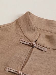 Weeklong 2026 New Plus Size Women's Stand Collar Frog Button Long Flare Sleeve Casual Dress, Daily Casual Home Dress, Street Afternoon Tea Dress - Khaki - View 6