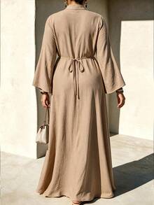 Weeklong 2026 New Plus Size Women's Stand Collar Frog Button Long Flare Sleeve Casual Dress, Daily Casual Home Dress, Street Afternoon Tea Dress - Khaki - View 4