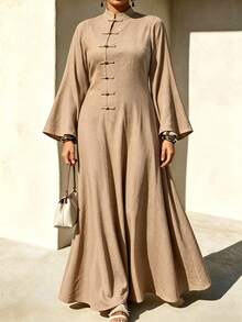 Weeklong 2026 New Plus Size Women's Stand Collar Frog Button Long Flare Sleeve Casual Dress, Daily Casual Home Dress, Street Afternoon Tea Dress - Khaki - View 3