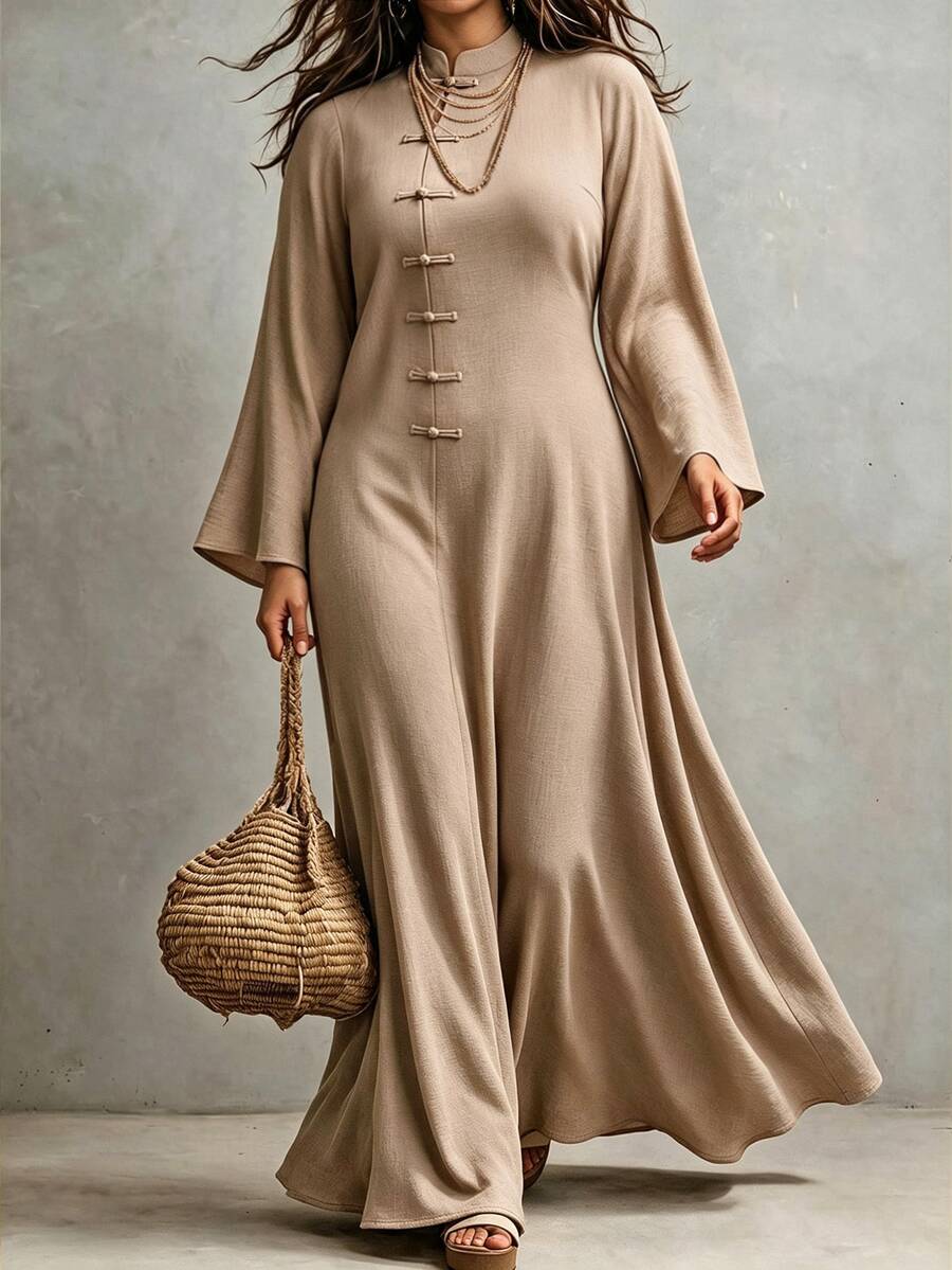 Weeklong 2026 New Plus Size Women's Stand Collar Frog Button Long Flare Sleeve Casual Dress, Daily Casual Home Dress, Street Afternoon Tea Dress - Khaki - View 1