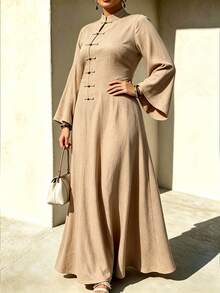 Weeklong 2026 New Plus Size Women's Stand Collar Frog Button Long Flare Sleeve Casual Dress, Daily Casual Home Dress, Street Afternoon Tea Dress - Khaki - View 5