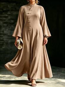 Weeklong 2026 New Plus Size Women's Stand Collar Frog Button Long Flare Sleeve Casual Dress, Daily Casual Home Dress, Street Afternoon Tea Dress - Khaki - View 2