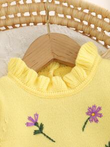 SHEIN 嬰兒米色 2 件套時尚蕾絲領刺繡毛衣連身褲 + 帽子 精緻甜美風 - 淡黃色 - 查看 6