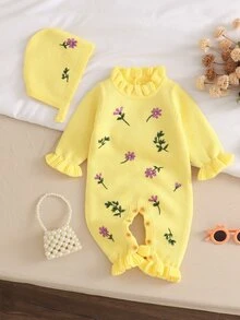 SHEIN 嬰兒米色 2 件套時尚蕾絲領刺繡毛衣連身褲 + 帽子 精緻甜美風 - 淡黃色 - 查看 9