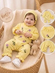 SHEIN 嬰兒米色 2 件套時尚蕾絲領刺繡毛衣連身褲 + 帽子 精緻甜美風 - 淡黃色 - 查看 1