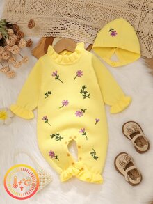 SHEIN 嬰兒米色 2 件套時尚蕾絲領刺繡毛衣連身褲 + 帽子 精緻甜美風 - 淡黃色 - 查看 7