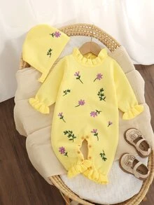 SHEIN 嬰兒米色 2 件套時尚蕾絲領刺繡毛衣連身褲 + 帽子 精緻甜美風 - 淡黃色 - 查看 8
