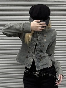FRIFUL Women's Long Sleeve Button Design Casual Napoleon Denim Jacket - Blue - View 7