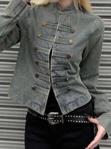 FRIFUL Women's Long Sleeve Button Design Casual Napoleon Denim Jacket - Blue - View 10