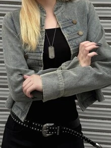 FRIFUL Women's Long Sleeve Button Design Casual Napoleon Denim Jacket - Blue - View 3