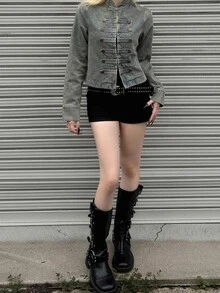 FRIFUL Women's Long Sleeve Button Design Casual Napoleon Denim Jacket - Blue - View 2