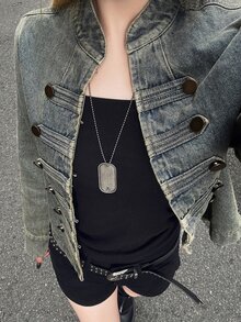 FRIFUL Women's Long Sleeve Button Design Casual Napoleon Denim Jacket - Blue - View 6