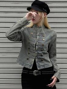 FRIFUL Women's Long Sleeve Button Design Casual Napoleon Denim Jacket - Blue - View 8