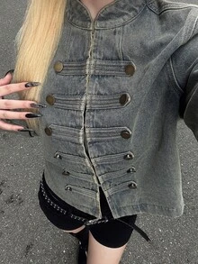 FRIFUL Women's Long Sleeve Button Design Casual Napoleon Denim Jacket - Blue - View 4